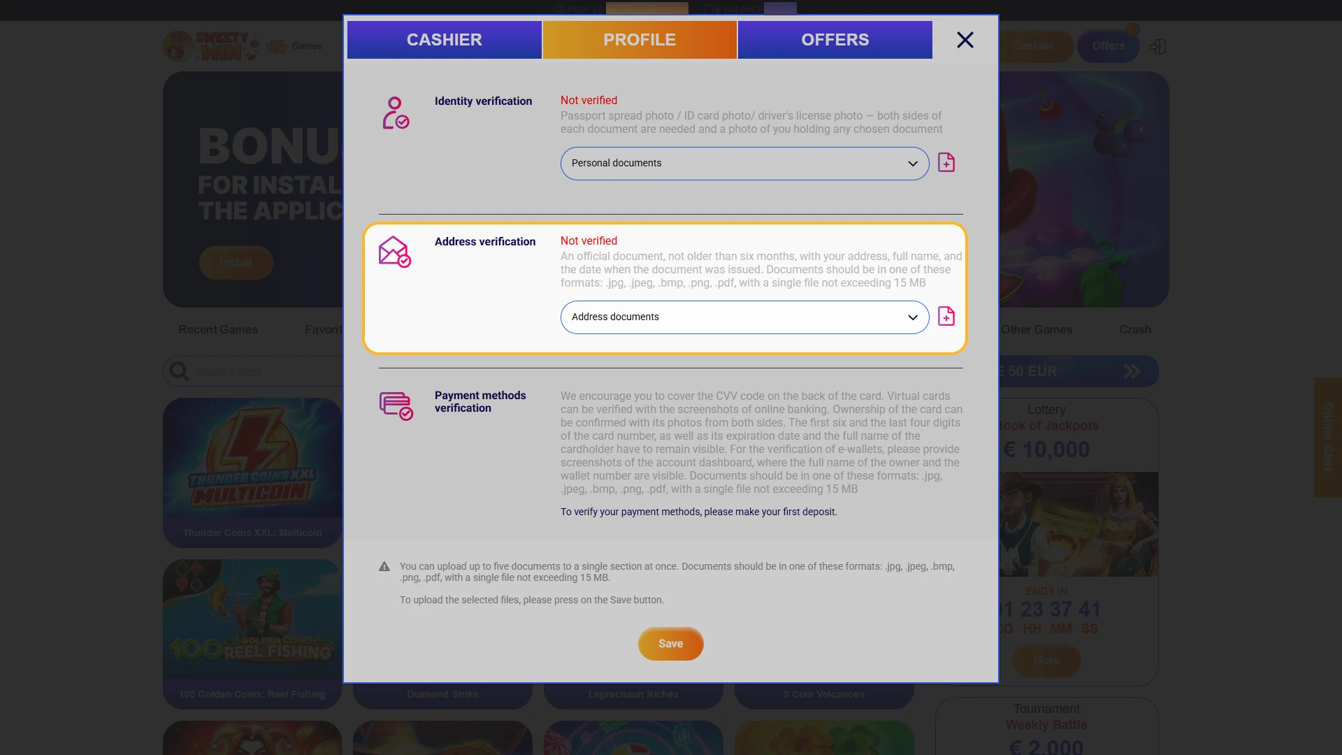 Provide proof of UK address for your Sweety Win account.