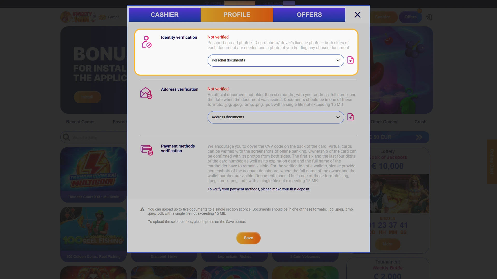 Upload a valid photo ID document to Sweety Win Casino.