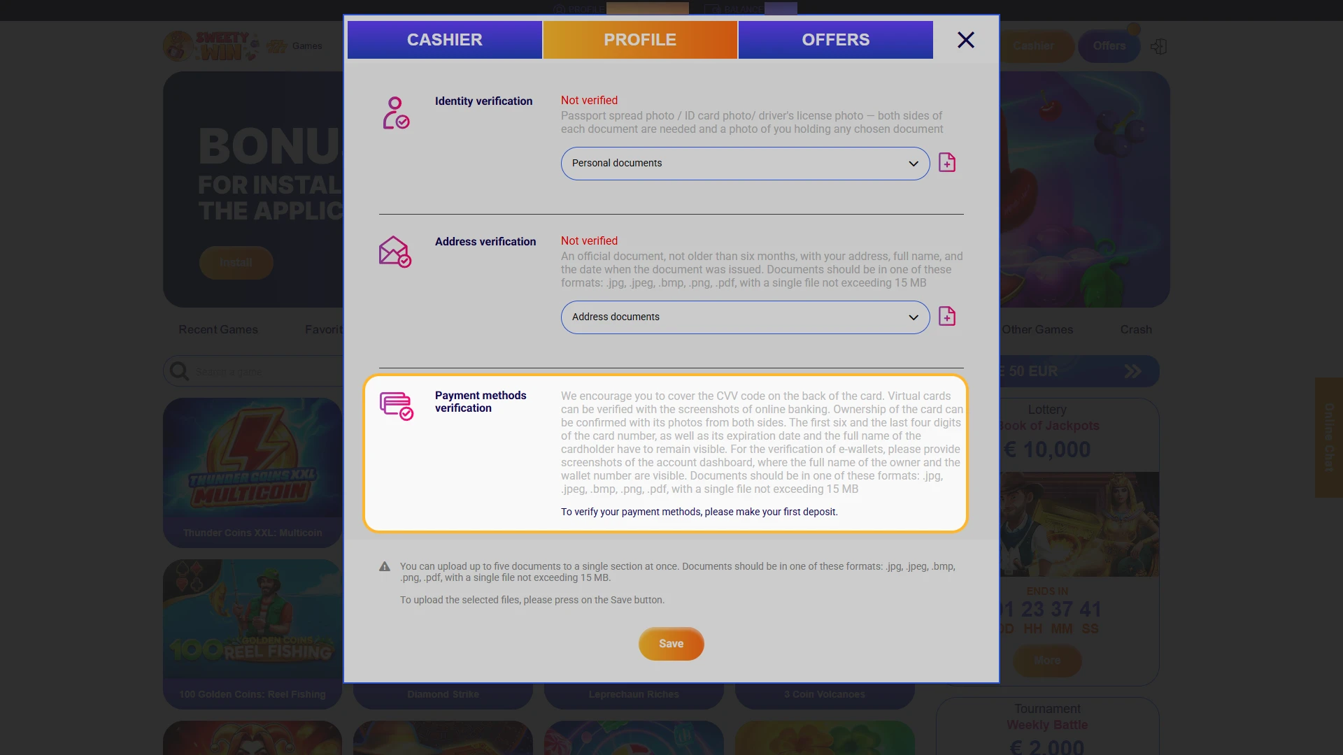 Verify your banking method to enable payouts at Sweety Win.