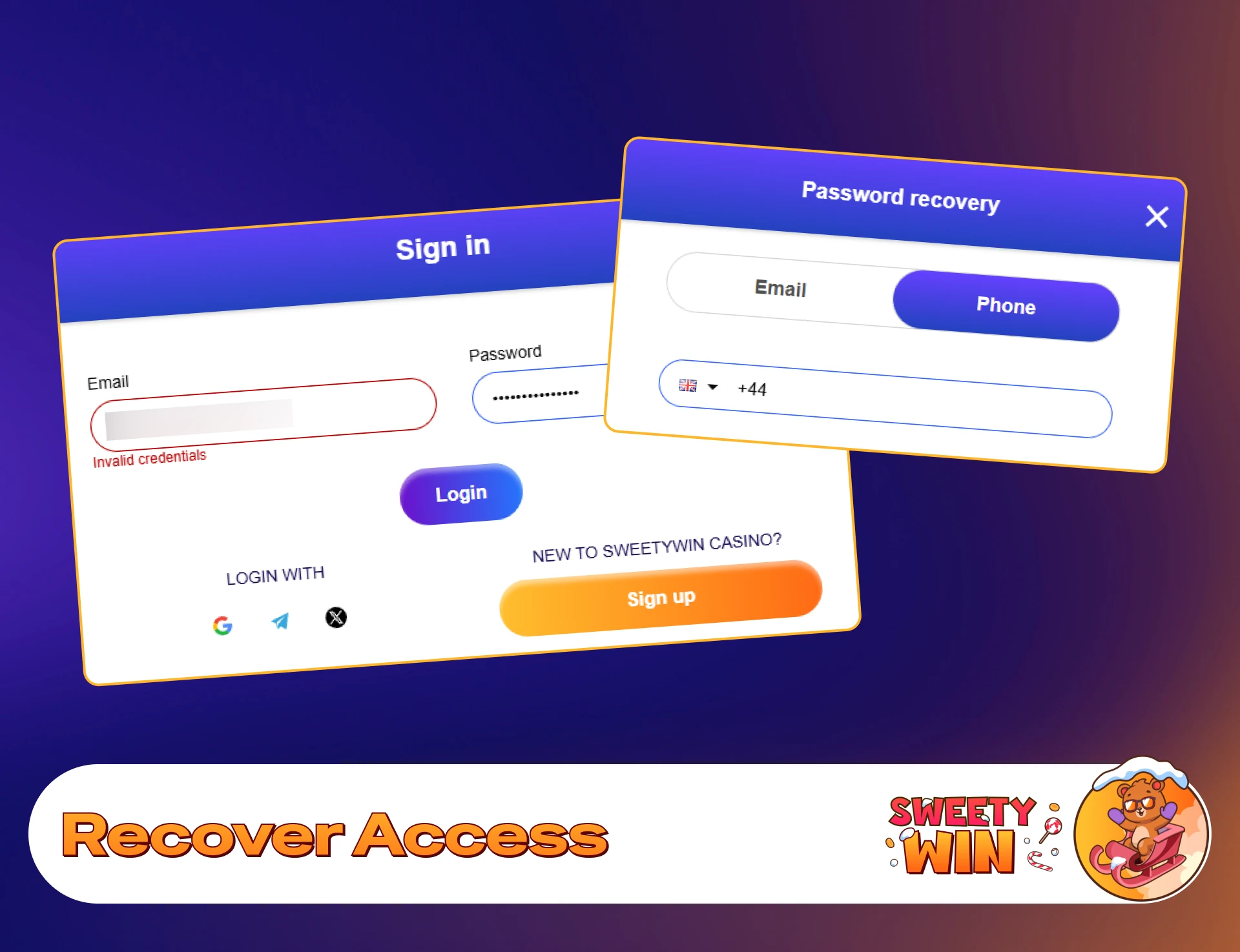 Restore account access using the password recovery tool on Sweety Win.