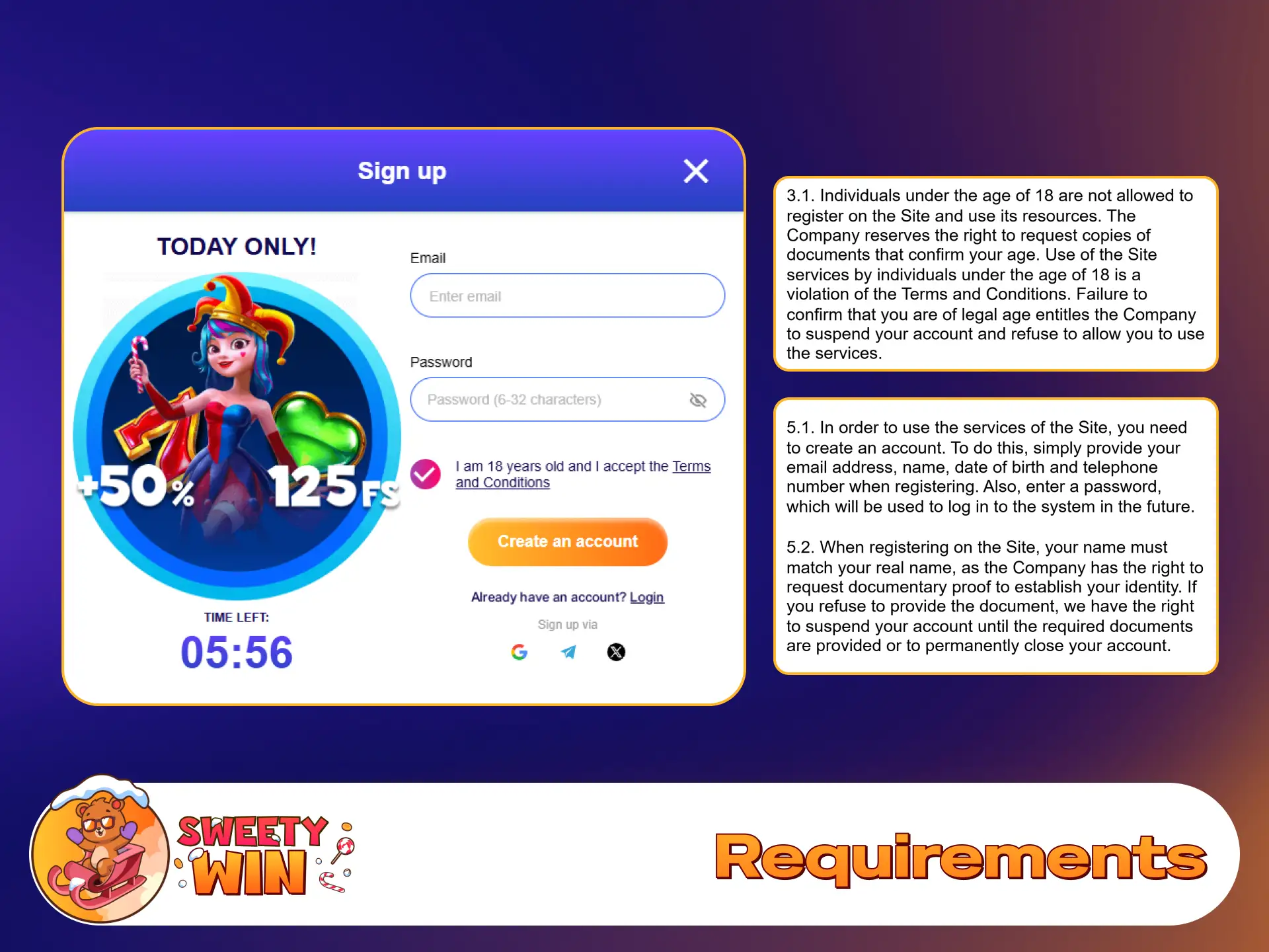 Review basic player requirements before joining Sweety Win Casino.