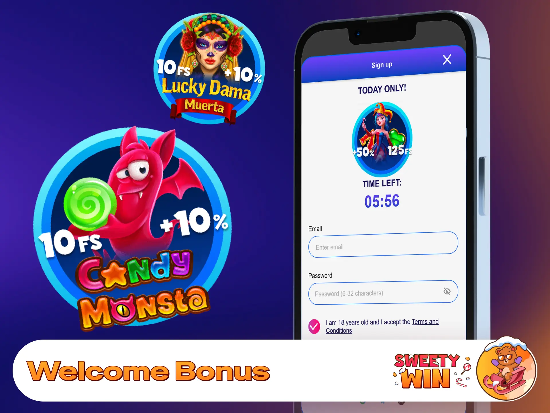 Claim your new player welcome reward after joining Sweety Win.