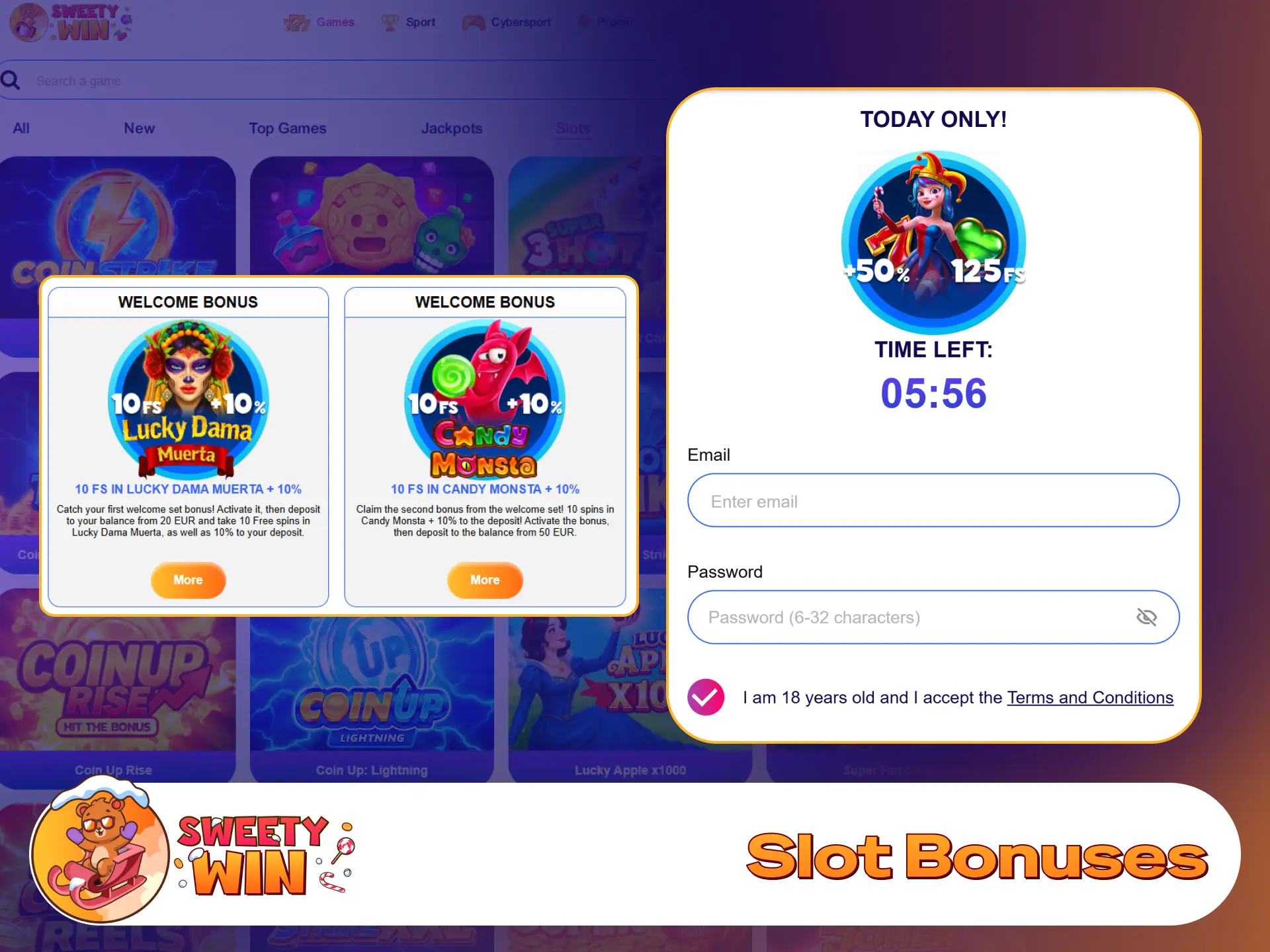 Claim free spins and match promotions at Sweety Win Casino.